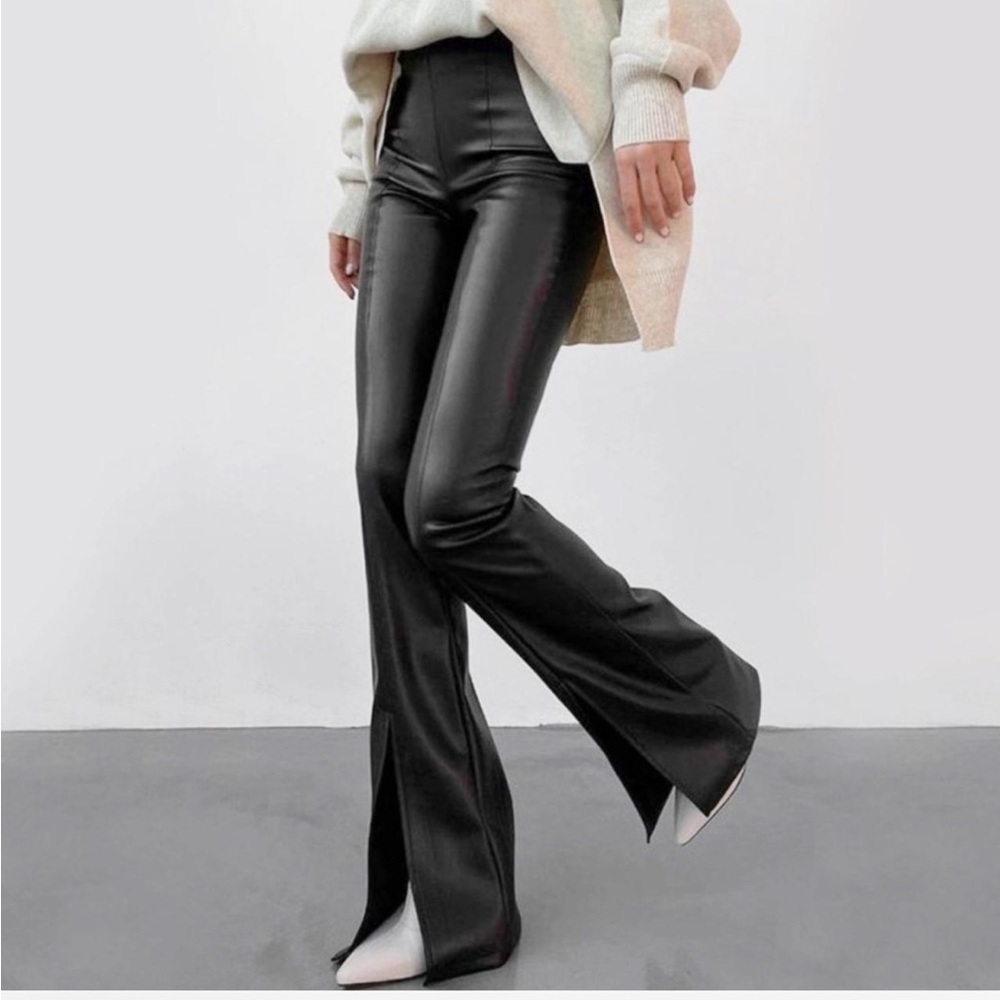 Leather flared slit leggings
